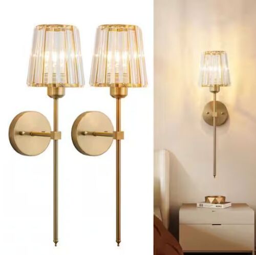 Modern Set of 2 Gold Crystal Wall Sconce, Dimmable Vanity Wall Lights with Clear Glass Shade for Bedroom, Hallway