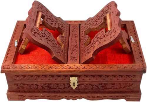 Wooden Hand Carved Rehal - Brown | Handcarfted Folding Book Display Stand for Reading & Prayer | Religious & Holy Books Stand for Home & Pooja