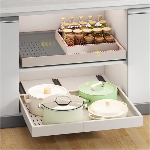 Fokyfok Pull out Cabinet Organizer,13.8"-20.5"W,16.5"-23"D,Expandable,Adhesive No Drill,3 Rails, Adjustable Slide out Drawers for Kitchen, Pantry, Roll out Shelves, for Cabinets Without Lip,Bathroom,White,1PC