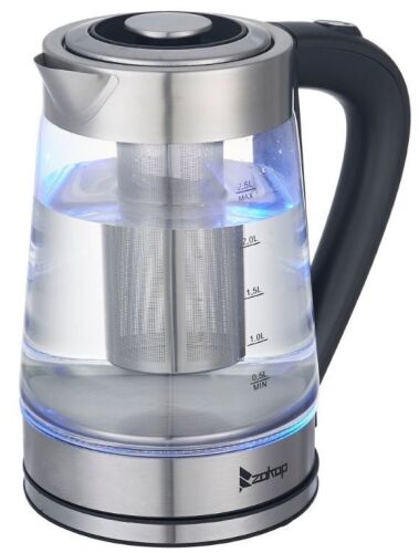 Electric Kettle with SpeedBoil Tech, 1.8 Liter Cordless with LED Light, Blue Glass - Silver