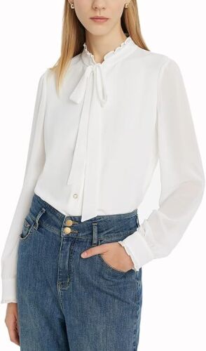 GOELIA Long Sleeve Shirts with Bow Tie and Ruffle Collar for Women White Button Down Chiffon Blouses for Women Office Work Tops Elegant