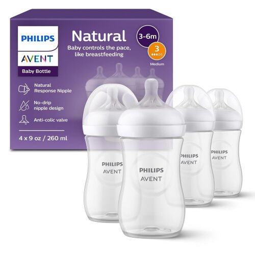 Philips Avent Natural Baby Bottles, Medium Flow, 9 oz, BPA-Free, 4-Pack Breast + Bottle Feeding, Baby-Paced Milk Flow, Wide Breast-Shaped Nipple, Anti-Colic Valve, BPA-Free, Medium Flow Nipple