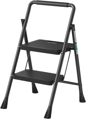 2 Step Ladder, Folding Step Stool, Step Stool with Wide Anti-Slip Pedal, Lightweight, Portable Folding Step Ladder with Handgrip, Multi-use Steel Ladder for Household and Office Black