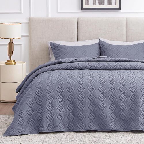 Love's cabin Quilts for Queen Bed Bluish Grey Bedspreads Bedding Set - Summer Lightweight Bedspread Comforter - Wave Pattern Bedding Coverlet for All Season - 3 Pieces (1 Quilt, 2 Pillow Shams)