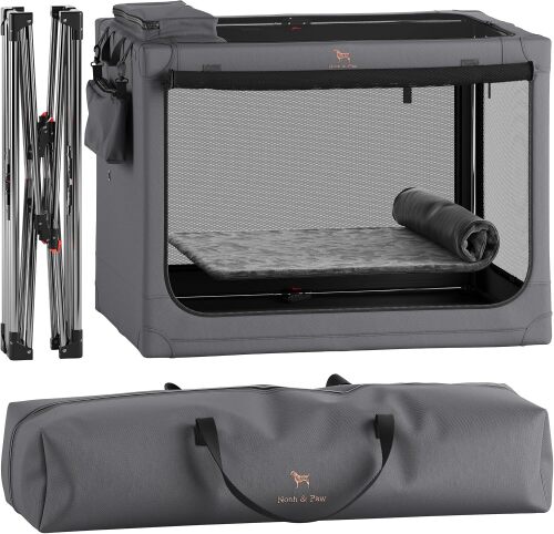 Collapsible Dog Crate 42 Inch, XXL Dog Crate for XXL, XL, Large Breeds, Travel Kennel for Car, Includes Pet Mat for Pet Cage, 2 Storage Pockets, Handbag, 10mm Locking Zippers