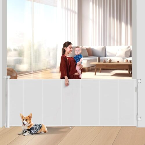 Miumoon 100 inch Reinforced Retractable Baby Gates 42 inch Tall Retractable Dog Gate with No Crawl Through Reinforced Strip, 8 FT Extra Long Baby Gate, Retractable Gate for Indoor/Outdoor