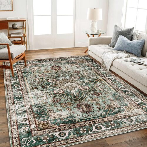 CHAMPLANT Washable Area Rug 5'x7' Green Retro Boho Chic Medallion Distressed Design Living Room Indoor Non-Slip Large Oriental Accent Throw Rugs for Kitchen Bedroom Office Carpet