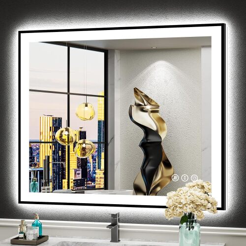 30x36 Black LED Bathroom Mirror, Backlit & Front Lit Lighted Mirror Metal Framed Anti-Fog Vanity Mirror with Lights, 3 Color Dimmable, Memory, Tempered Glass, CRI95, IP54, Horizontal/Vertical