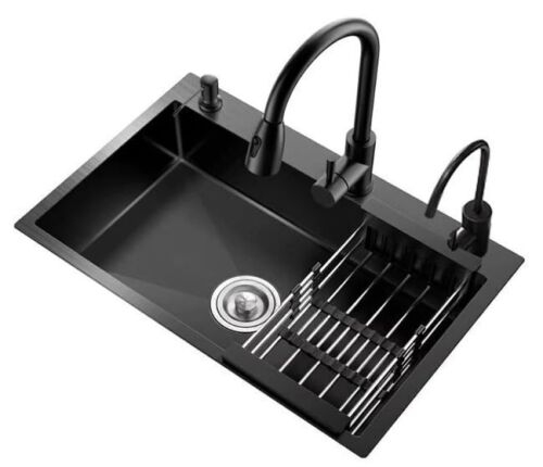 Black Kitchen Sink,Topmount Workstation Stainless Steel Single Bowl Sink with Pull Out Faucet,Soap Dispenser and Drain Basket