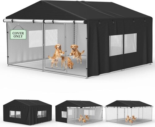 COSHNIBI Outdoor Dog Kennel Cover, Heavy Duty Waterproof Large Dog Cage Cover, Windproof UV Resistant, Fits for 10'Dx10'Wx6'H Dog Cages, Black