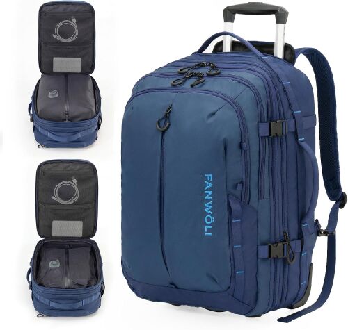 Fanwoli Rolling Vacuum Backpack Travel,One-Button Compression,55L,Blue Carry On | 55L Expandable | 2-In-1 Design | Built-In Electric Pump | 16 Pockets | Water Resistant | Fits 18” Laptop
