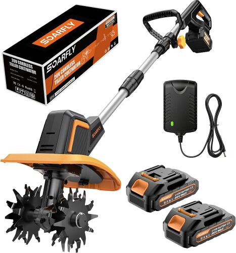 SOARFLY Cordless Tiller Cultivator for Gardening, 8" Width 6.6" Depth Battery Powered Rototiller, Dual 2.0Ah Batteries, 48 Steel Tines Electric Small Tiller for Soil, Lawn Care, Small Garden Beds