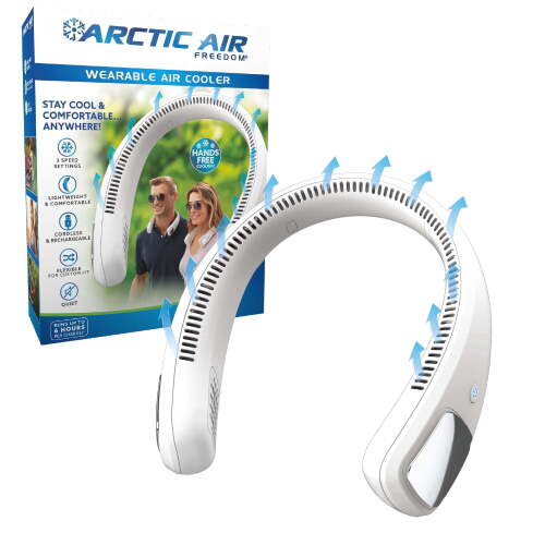 Arctic Air Freedom Neck Cooler, Evaporative Cooling with Ionic Purifier, 3 Speeds & USB Rechargeable Battery, Quiet & Perfect for Travel and Outdoor, White