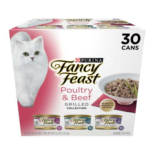 Purina Fancy Feast Poultry & Beef Grilled Collection Wet Cat Food Variety Pack, 3 oz Cans (30 Pack)