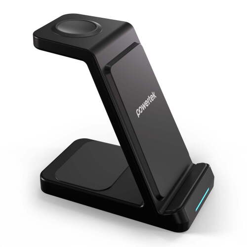 Powertek 3 in 1 Wireless Charge Stand Black, 15W Qi Charging Station, Includes Wall Charger and USB-C Cable