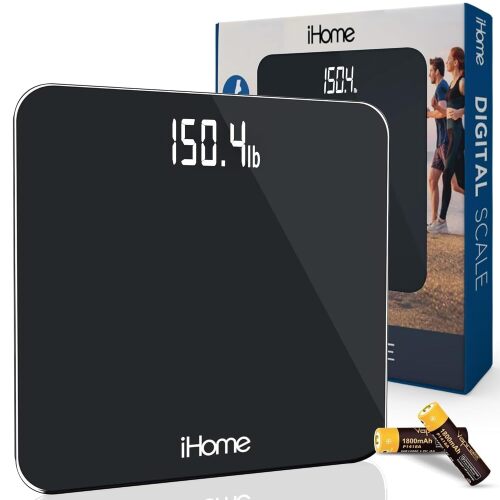iHome Digital Battery Powered Bathroom Scale with Fit+ Personal Coach App, FSA and HSA Eligible, Black, 397 lbs Capacity