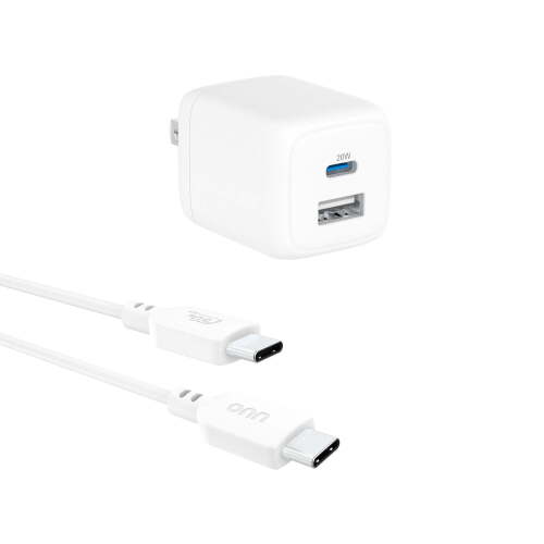 onn 32W Dual USB-C and USB-A Port Wall Charger with 3ft C-C Cable, Fast Charging, USB-IF Certified, Foldable Plug, White - Compatible with iPhone 17/16/15 Series, Galaxy, Pixel, iPad Pro, & More