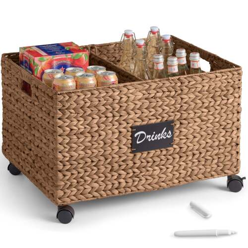 Rolling Pantry Storage Basket Organizer W/ Chalkboard Label, Handles, Removable Divider