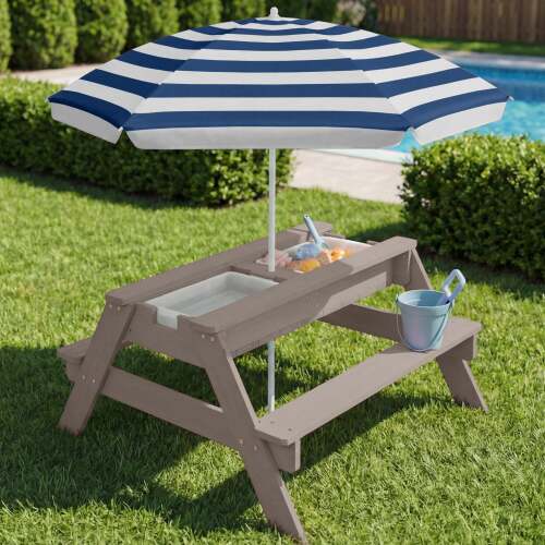 3-in-1 Kids Sand & Water Table Outdoor Wood Picnic Table w/ Umbrella