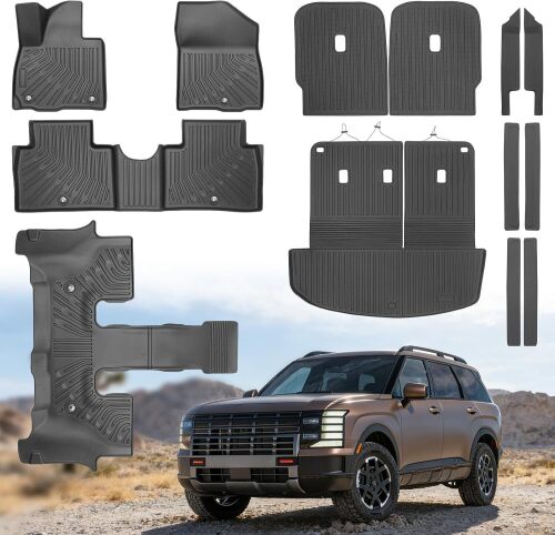 Car Floor Mats for 2026 Hyundai Palisade 7 Seats (Gas Only) TPE All Weather Full Set Door Sill Guards Anti-Slip Cargo Liners with Backrest Protector Odorless for 2026 Palisade Accessories