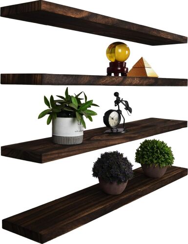 YYWUOJJ Wood Floating Shelves for Wall Decor, Rustic Wall Shelves for Bedroom Bathroom Kitchen Living Room, Set of 4 Walnut 36 Inch ***No Hardware***