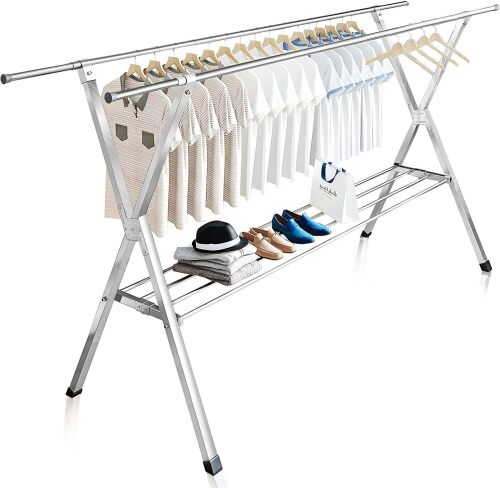 JAUREE Clothes Drying Rack 2 Tiers, Heavy Duty Drying Rack Clothing Folding Indoor Outdoor, Stainless Steel Laundry Drying Rack, Foldable Garment Rack with 20 Windproof Hooks