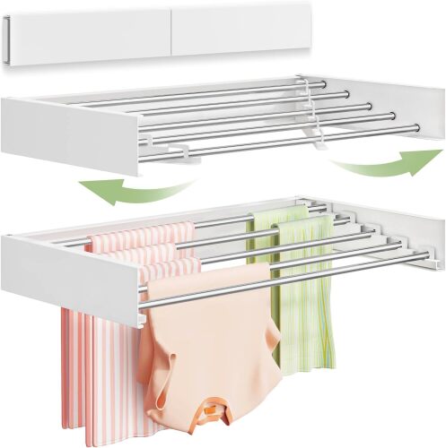 Vikaqi Wall Mounted Clothes Drying Rack 32", Foldable Wall Laundry Rack Collapsible Drying Rack Clothing Folding Indoor, Hidden Space Saver with Wall Template, 5 Rods, White