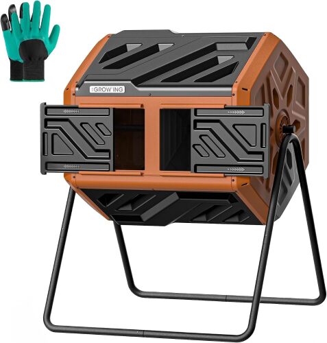 THE Growing 43 Gal Outdoor Compost Bin Tumbler for Backyard Yard, Orange Twin 21.5gal chambers for household recycling. Pre-embedded nuts for fast assembly. Resin panels deter pests and odors