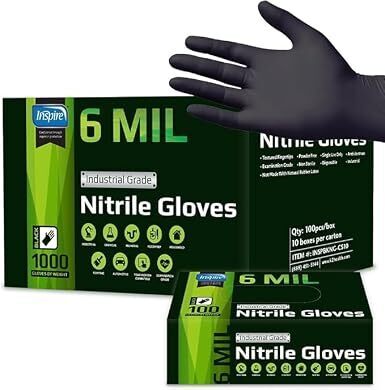 Case of Inspire Black Nitrile Gloves HEAVY DUTY 6 Mil Nitrile Chemical Resistant Medical Cooking Cleaning Disposable Black Gloves