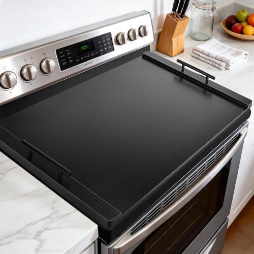 Noodle Board Stove Cover with Handles, Wood Stove Top Covers for Electric Stove and Gas Burners, Wooden Decorative Serving Tray Kitchen Sink Cover for Counter Space (Black)