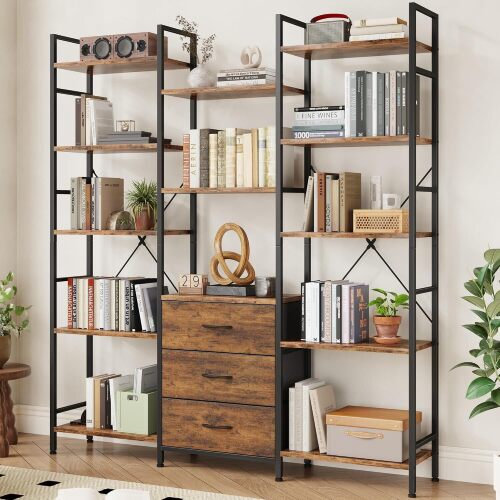 AFLUI Triple Bookshelf with 3 Fabric Drawers, 5-Tier Book Shelf and 10 Display Shelves, Industrial Large Bookcase for Home & Office, Rustic Brown, 47'' Wide