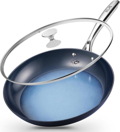 KOCH SYSTEME CS 14 Inch Large Frying Pan with Lid, Nonstick Skillet with Ceramic Interior, Large Fry Pan for Family & Commercial Cooking, Frying Pan Nonstick, Oven Safe & Induction Compatible, Blue ***No Lid***