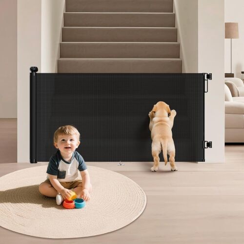 Retractable Baby Gate for Stairs 34" Tall Fits Up to 55" Wide Black Bottom-Bar-Free Mesh Baby & Dog Gate with Anti-Crawling Hook, One-Handed Toddler Safety Gate for Indoor/Outdoor Doorways Deck