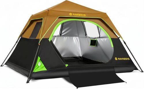 Raynesys 6 Person Instant Tent, Camping Tent Setup in 60 Seconds, Pop Up Tents for Camping with Top Rainfly, Instant Cabin Tents with Portable Carry Bag for Family Camp & Hiking, Black + Orange