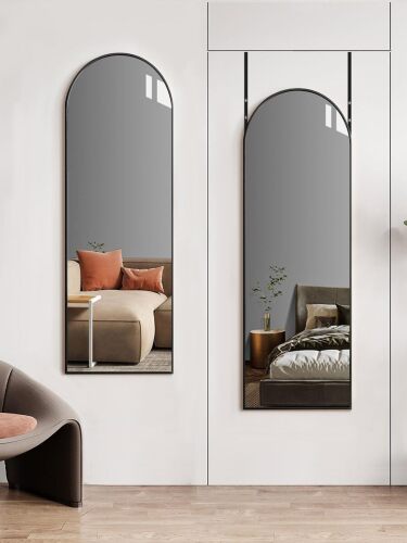 Full Length Arched Mirror - 14"x48", Tempered Glass & Aluminum Frame, No Drill Installation for Bedroom, Bathroom, Closet, Entryway (Black)