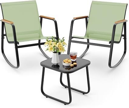 3 Piece Patio Bistro Set, Textilene Rocking Chairs for Porch, Green