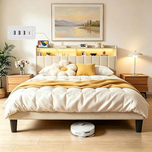 Lofka Queen Bed Frame with Headboard Linen Upholstered Platform Bed with Charging Station LED Lights Wooden Slats Noise-Free Easy Assembly No Box Spring Needed