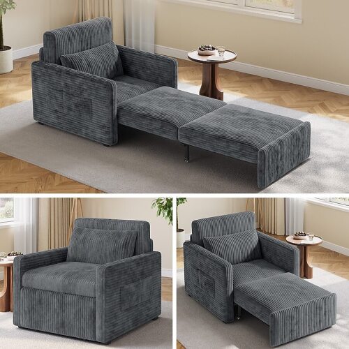 Lofka 3 in 1 Pull Out Sleeper Chair 75.2-Inch Long Convertible Sofa Bed for Adults Corduroy Armchair Chair Bed Single Sleeper with Pillow for Dorm/Bedroom