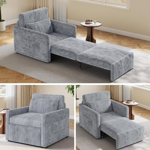 Lofka 3 in 1 Pull Out Sleeper Chair 75.2-Inch Long Convertible Sofa Bed for Adults Corduroy Armchair Chair Bed Single Sleeper with Pillow for Dorm/Bedroom