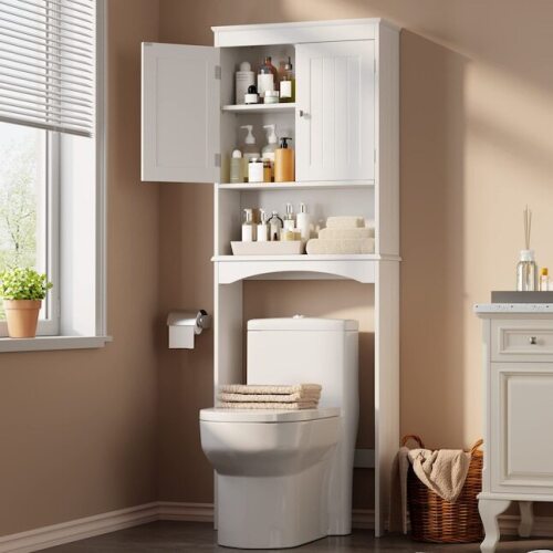 Lofka White 23.7-in x 66.1-in x 9.1-in Over The Toilet Storage Cabinet with Double Doors Adjustable Shelf and Open Shelf