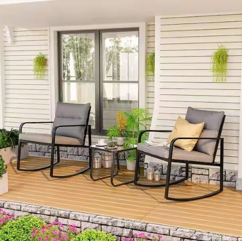3-Piece Metal Outdoor Bistro Set with Gray Cushion, Rocking Chair with Coffee Table, for Balcony, Backyard