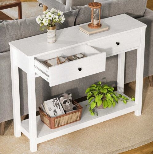 Lofka Console Table With Drawers, Sofa Table With Storage Shelves, 2-Tier Wooden Entryway Table For Living Room, Kitchen, Hallway, Foyer, White