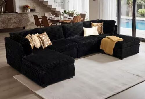 127 in. Wide 6-Piece Modern Deep Seat Plush Corduroy U-Shape Modular Sectional Sofa Couch in Black with Ottomans