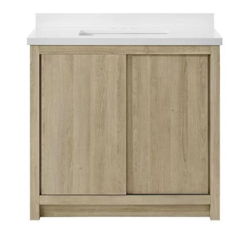 Glacier Bay Whitsail 37 in. Single Sink Freestanding Bathroom Vanity in Weathered Tan with White Engineered Stone Top