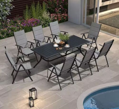 Purple Leafa 9-Piece Outdoor Patio Dining Set with Aluminum Frame Grey Folding Chairs and Black Table