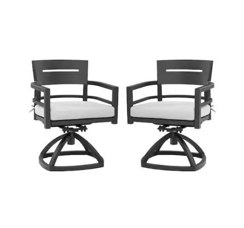 Ember Black Aluminum Outdoor Dining Chair, Patio Swivel Rocker with White Cushions (2-Pack)