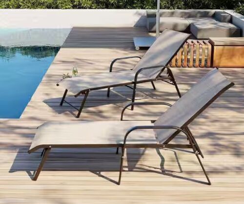 Pellebant All-Weather Aluminum 2-Piece Outdoor Chaise Lounge with 6-Position Adjustable Metal Backrest and Armrests in Beige