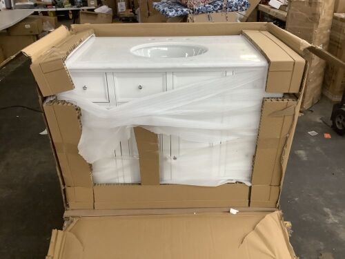 Home Decorators Collection Hampton Harbor 44 in. W x 22 in. D x 35 in. H Single Sink Freestanding Bath Vanity in White with White Marble Top - Broken Top