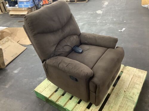 Brown Chenille Power-Remote Recliner Chair with Massage/Heating - Inner Frame Damage on Bottom of Armrest