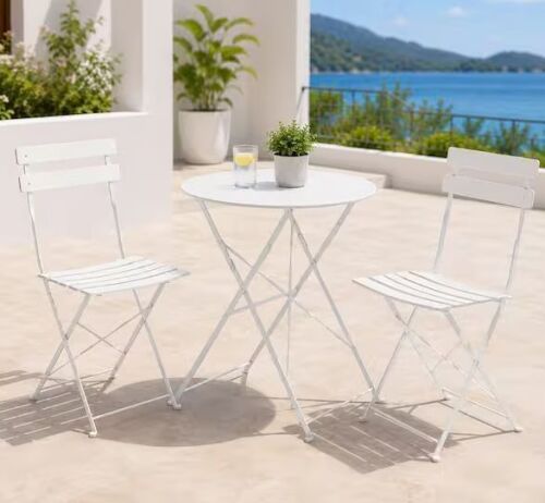 3-Piece White Steel Round Outdoor/Indoor Foldable Patio Bistro Dining Set